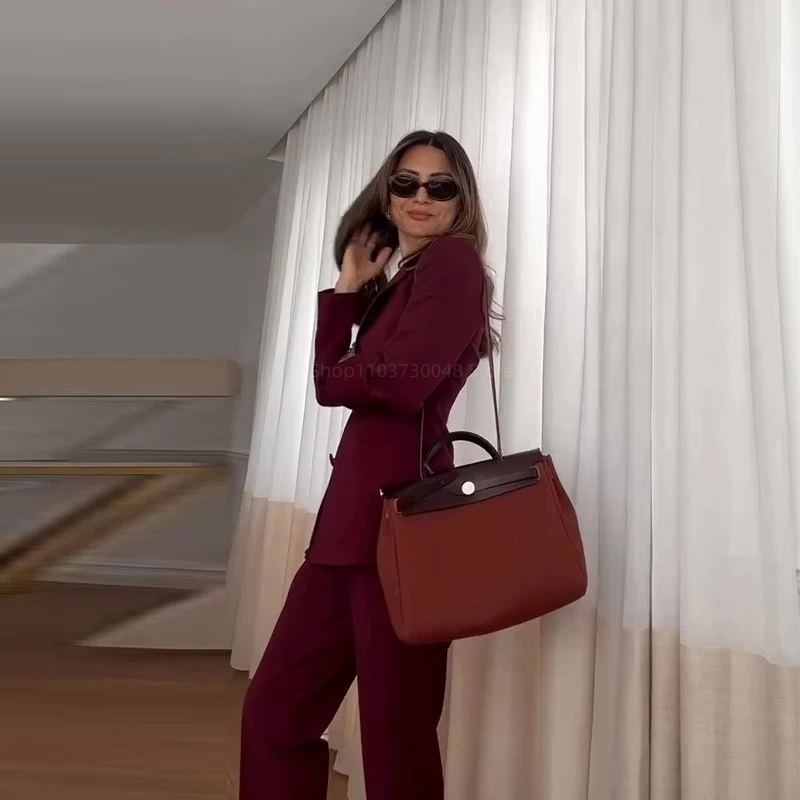 Picture 3: Burgundy Women's Suit 2 Pieces Customized Solid Color Notch Lapel Single Button Blazer Pants Smart Casual Female Outfit Office