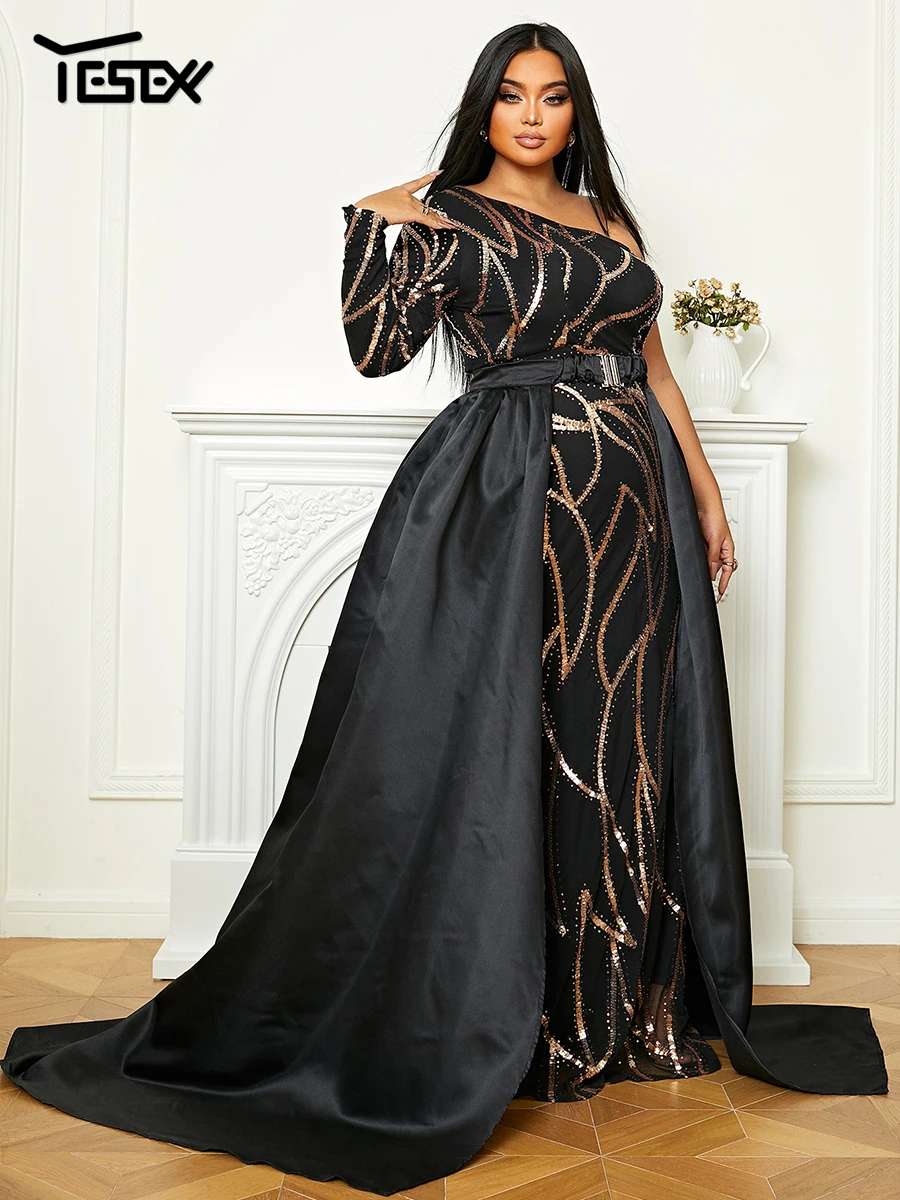 Yesexy New Plus Size Cape Flowy Dress One Shoulder Backless Draped Sequin Maxi Prom Dress Evening Dresses