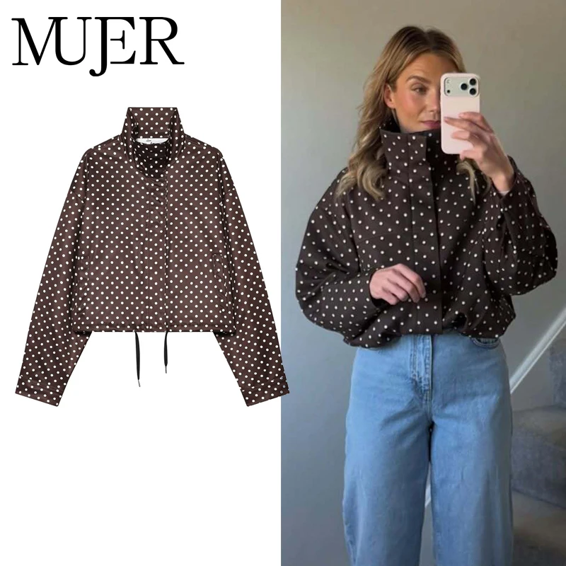 MUJER Polka Dot Cropped Jacke Damen Demi-Season Bomberjacken für Frauen Mode Oversize Damenjacke Oberbekleidung Mantel