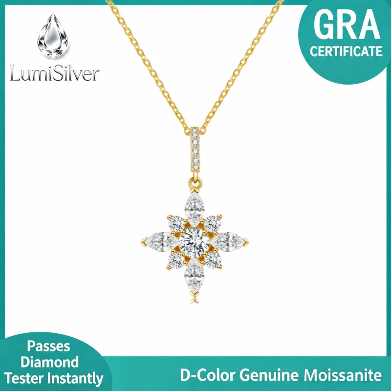 Snowflake Moissanite Pendant Necklace 925 Sterling Silver 18K Gold Plated Women Clavicle Chain Fine Jewelry Gift