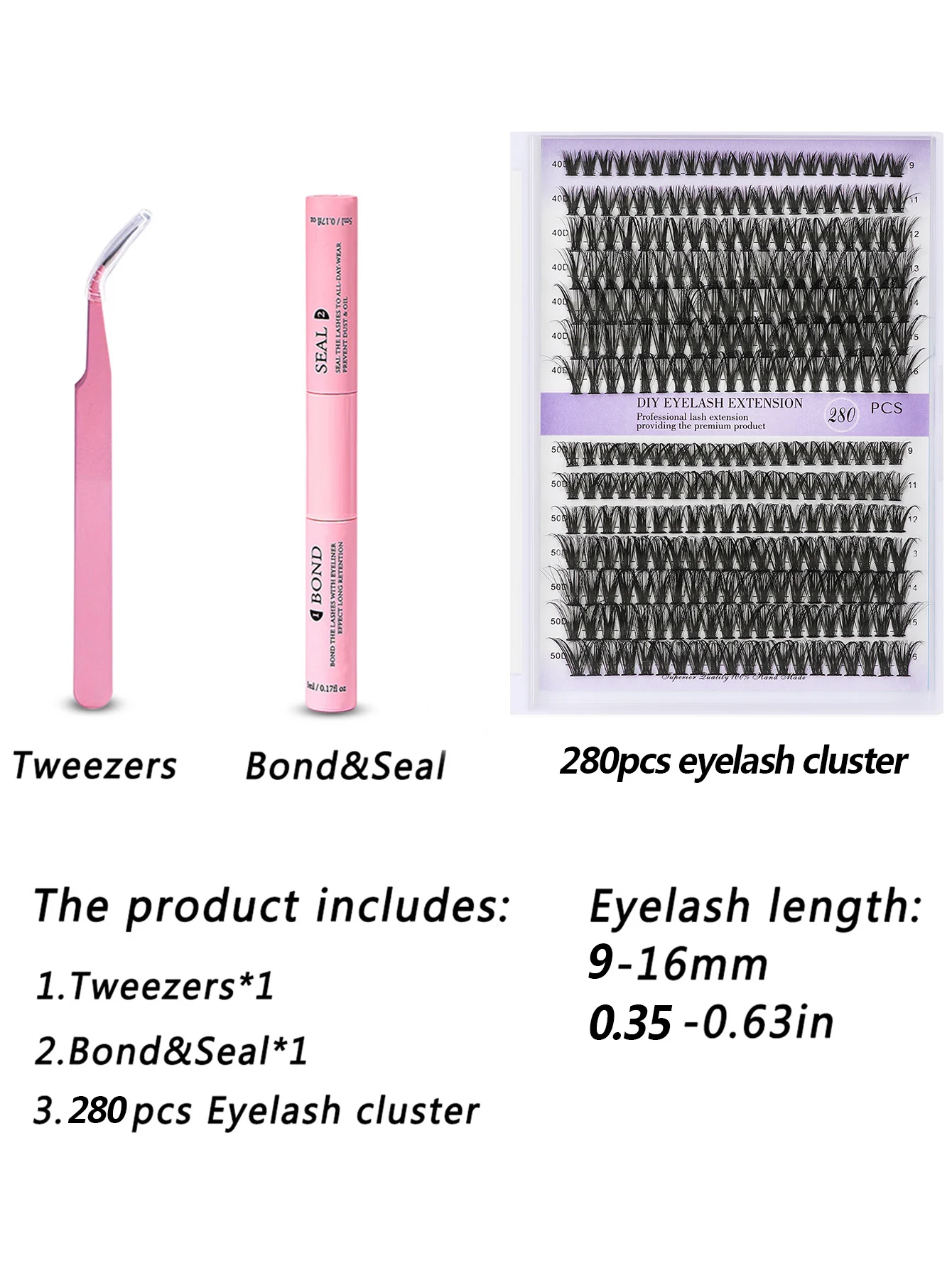 DIY Eyelash Set 280pcs Individual Lashes Cluster D Curl, 9-16mm Mix Lash Clusters with Lash Bond，Seal and Lash Applicator Tool