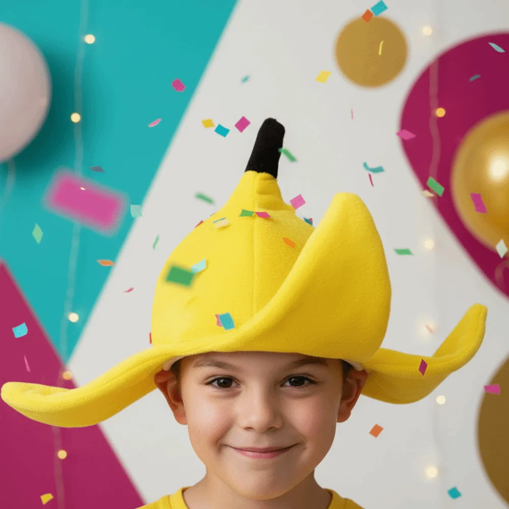 Chapeau banane en tissu doux, design tridimensionnel jaune vif, coiffe amusante en forme de fruit, ajustement élastique confortable