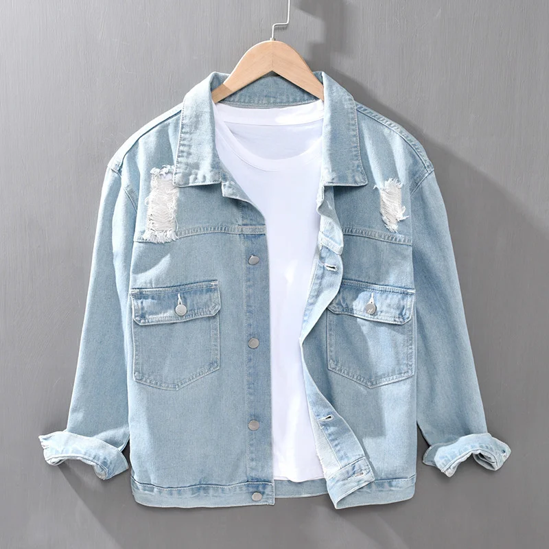 #7629 Spring Ripped Denim Shirt Light Blue Holes Outerwear Vintage Men Shirt Long Sleeve Loose Hip Hop Shirt Pockets Streetwear