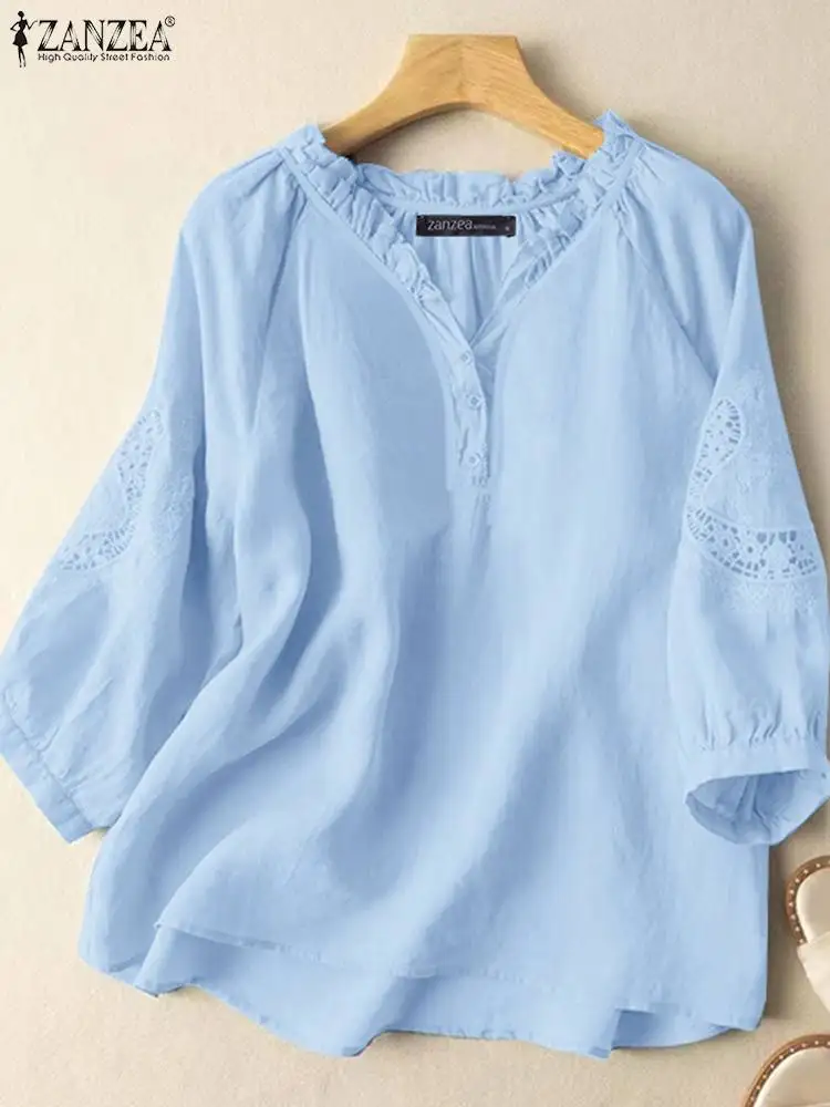 ZANZEA Ruffled V Neck Lantern Sleeve Tops Tunic Elegant Summer Cotton Daily Blusas Casual Lace Patchwork Women Loose Blouses