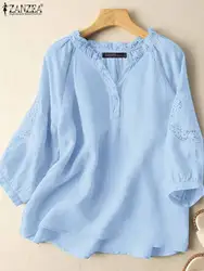 ZANZEA Ruffled V Neck Lantern Sleeve Tops Tunic Elegant Summer Cotton Daily Blusas Casual Lace Patchwork Women Loose Blouses