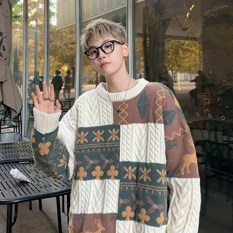 

Men's Winter Thiened Lazy Knitted Sweater Warm Loose Outerwear Retro Patchwork Inner Match Casual Sle Polyester Fiber