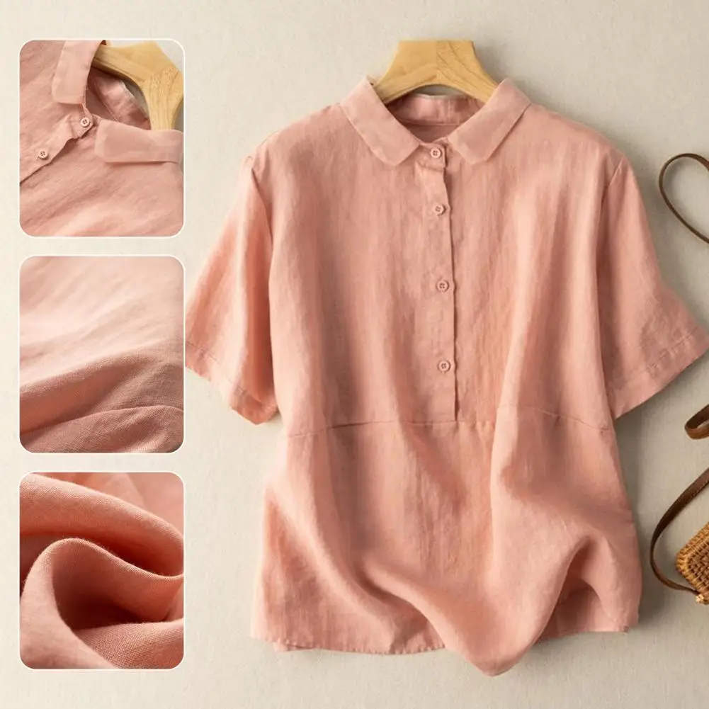 Women Casual Shirt Doll Collar Buttons Half Placket Short Sleeve Shirt Top Single Breasted Solid Color Loose Fit Blouse 블라우스