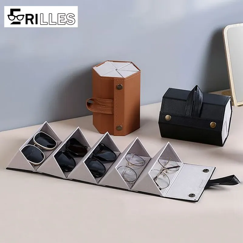 

Genuine Leather Multi-Compartment Glasses Case, Foldable Organizer Holder for 3+ Sunglasses & Eyewear, Travel Storage Box