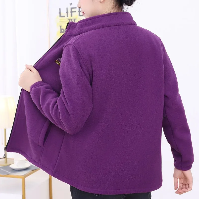 เสื้อแจ็คเก็ตขนแกะสำหรับผู้หญิงสำหรับฤดูใบไม้ร่วงและฤดูหนาว เสื้อท็อปที่ให้ความอบอุ่นแบบหนา เสื้อสเวตเชิ้ตที่ให้ความอบอุ่นสีทึบเรียบง่ายสำหรับผู้หญิงวัยกลางคน เสื้อแจ็คเก็ตสเวตเชิ้ต