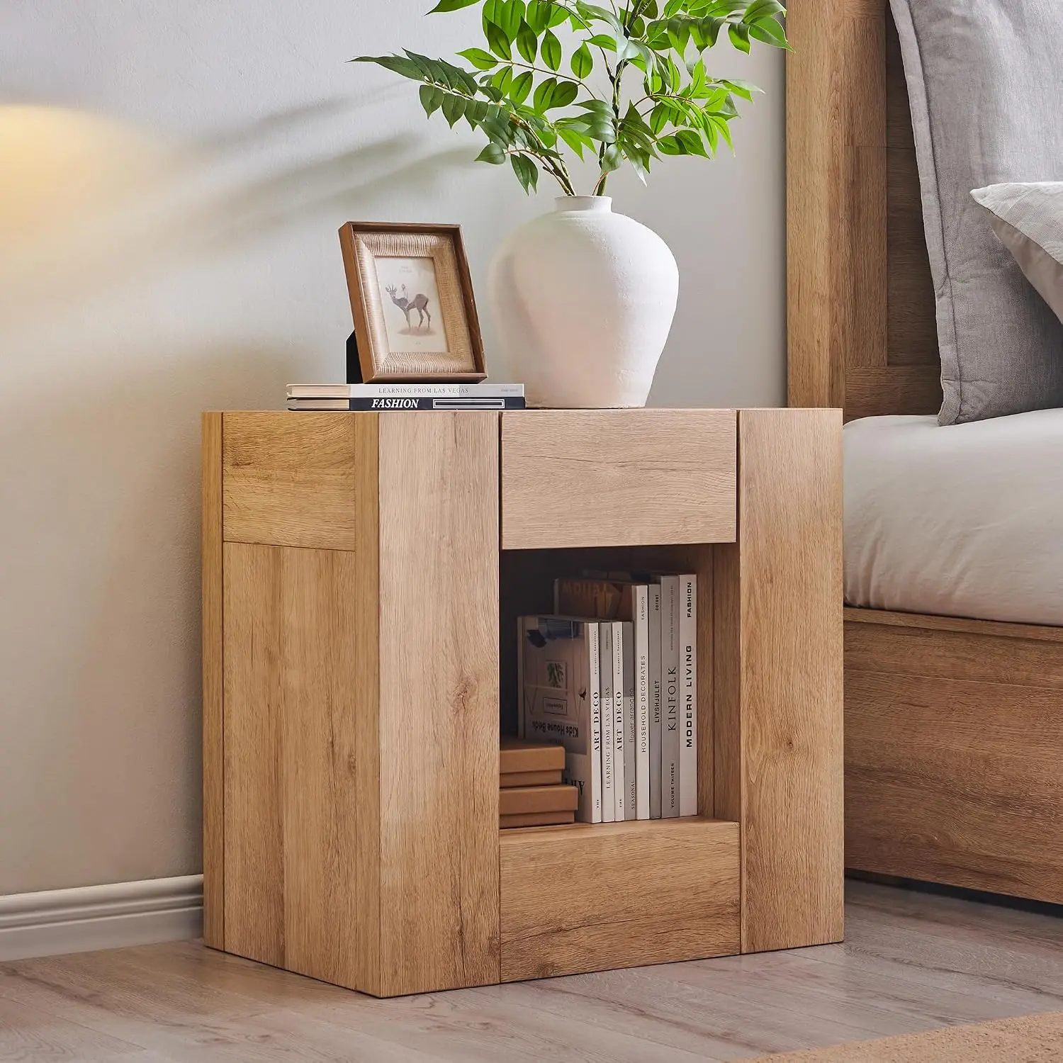 Modern Nightstand Set Of 2 With Drawer & Storage Shelf, 24 Inch Natural Oak, Customized