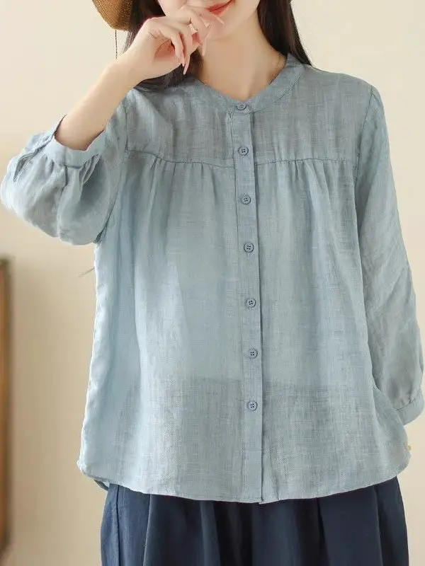 Casual Loose Cotton Linen Seven Sleeve Shirt Women Summer Fashionable Versatile Lightweight Sun Protection round Neck Top