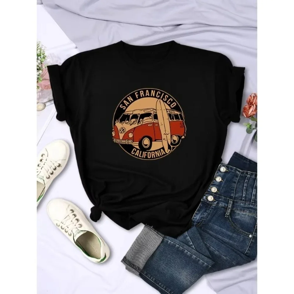 

Мотоцикл Автомобиль Путешествие Классический Винтаж Американский Стиль Свободная Пара Свободная Футболка С Коротким Рукавом