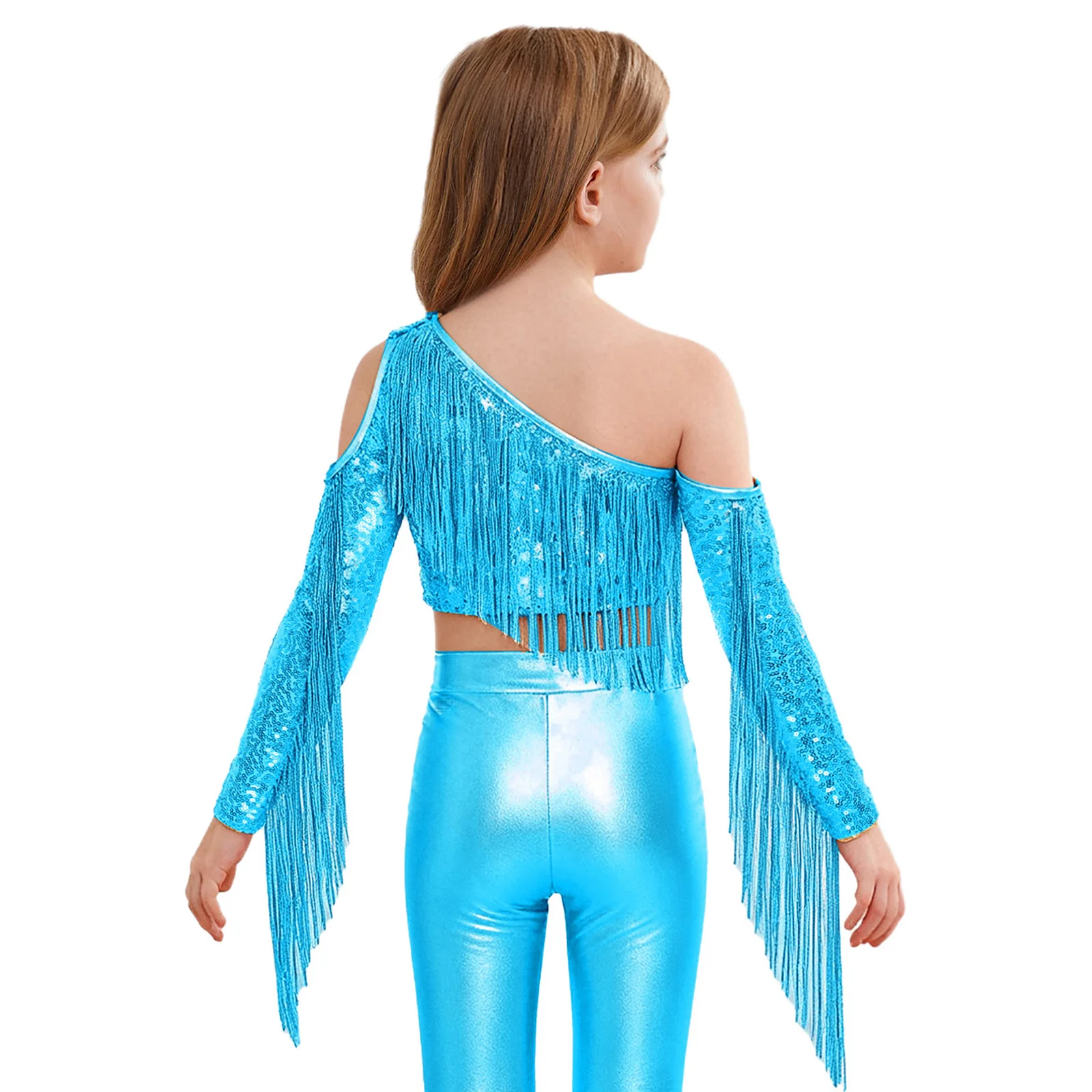 Kids Girls Pageant Stage Performance Costume One Shoulder Long Sleeve Shiny Sequins Crop Top with Pants Disco Belly Dance Wear