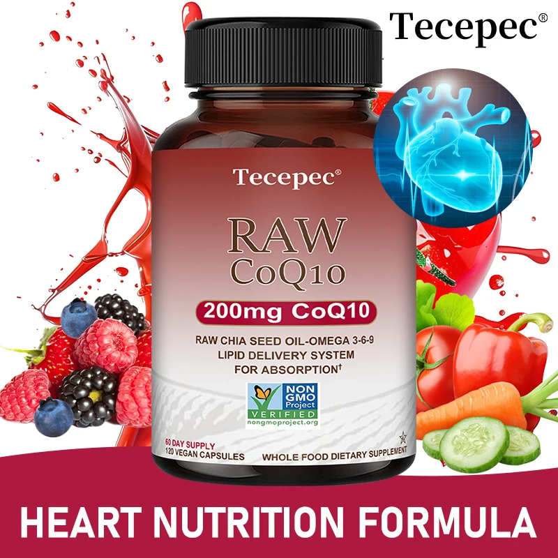 Suplemento RAW Coenzima Q10 - Contiene aceite de semilla de chía cruda - Omega 3-6-9 para soporte de salud cardiovascular y corazón