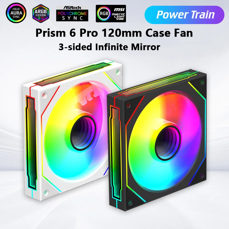 Power train Prism 6 Pro ARGB PC Case Fan 120mm 3-sided Infinite Mirror 5V 3PIN Motherboard Lighting Sync 4PIN PWM