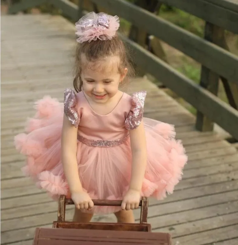 Vestido de princesa de flores para niña, Mini vestido de boda de tul con lentejuelas sin mangas, cuello redondo, hinchado con lazo, vestido de fiesta de cumpleaños para niños