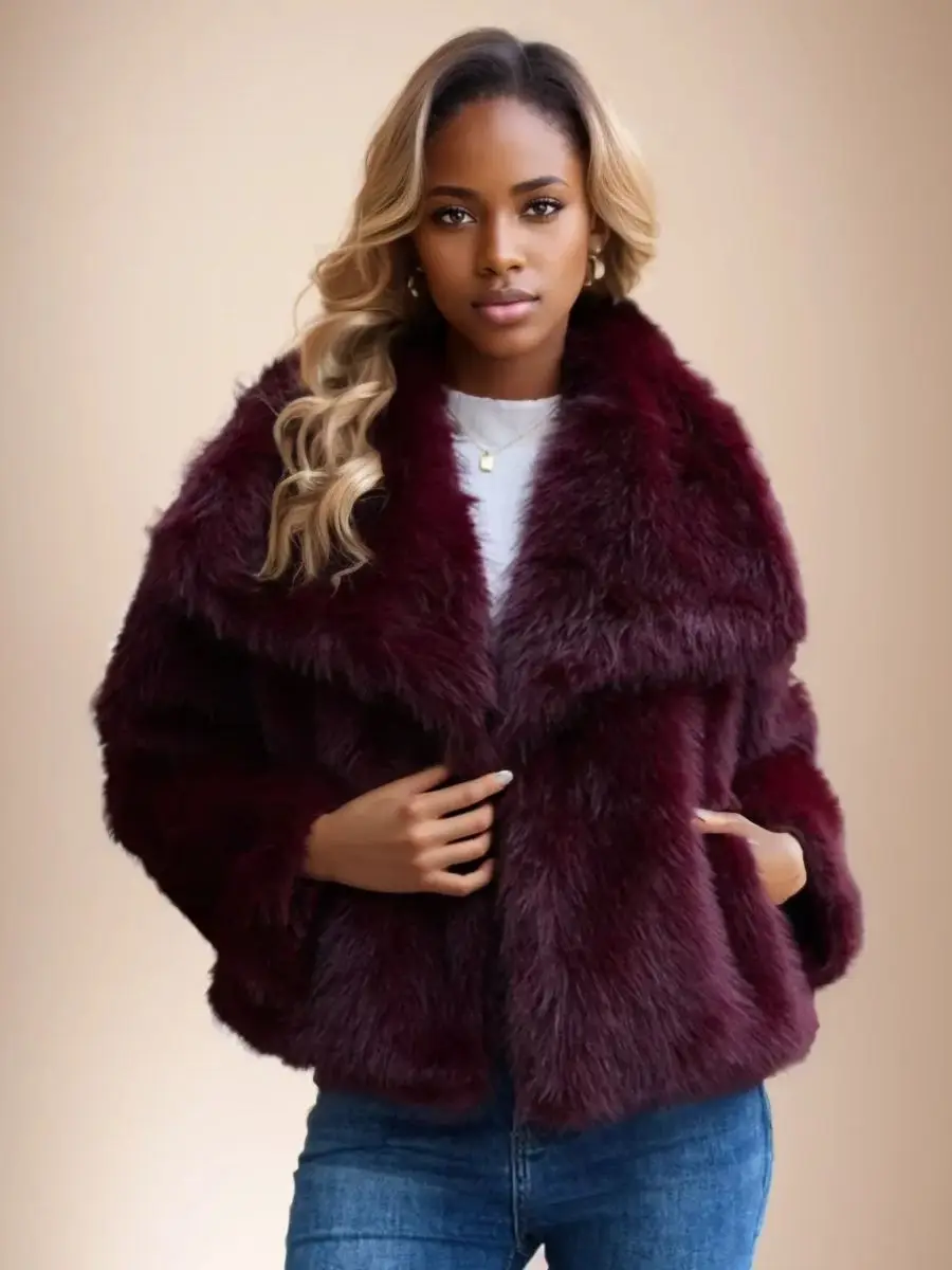 2025 Winter Women's Elegant Long Sleeve Faux Fur Short Jackets Lady High Street Chic Thick Warm Loose Wine Red Coats Outerwear