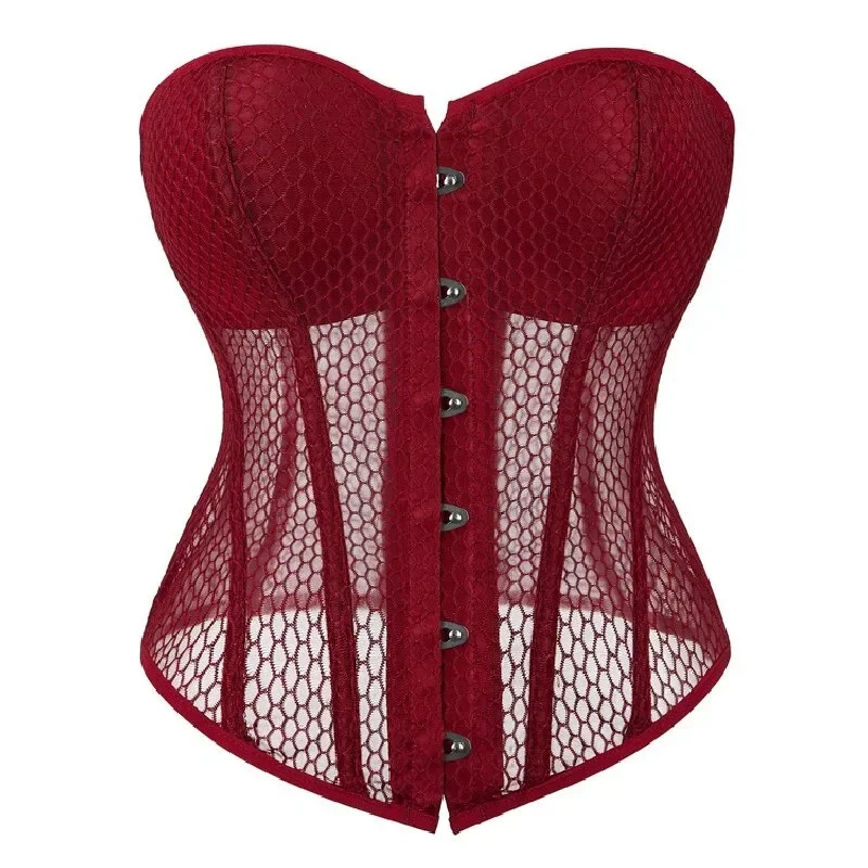 Women Lace Up Sexy Transparent Mesh Boned Corset Overbust Bustier Lingerie Bodyshaper Top Corsets Top