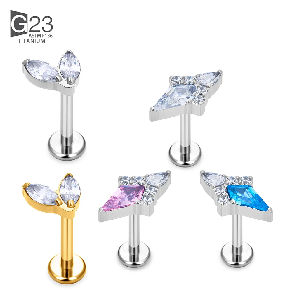 

G23 Titanium EAR PIERC Double Horse Eyes Rhombic with CZ Top Cartilage Tragus Earrings Ear Lip Helix Studs Nail Piercing Jewelry