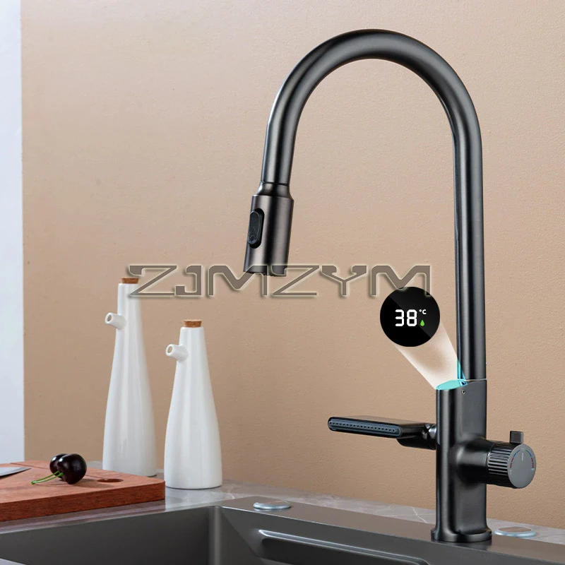 Kitchen Faucet Hot Cold Water Sink Mixer Tap Pull Out Stream Sprayer Waterfall Temperature Sensor Digital Display Kitchen Tap