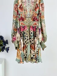 Women Beaded Floral Printed Dress V-Neck Long Sleeve Vintage 100% Silk Mini Robe