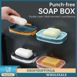 Bathroom Soap Dish Plastic Punch-free Creative Bathroom Soap Rack Draining Soap Box Double-layer Wall Mounted Soap Box