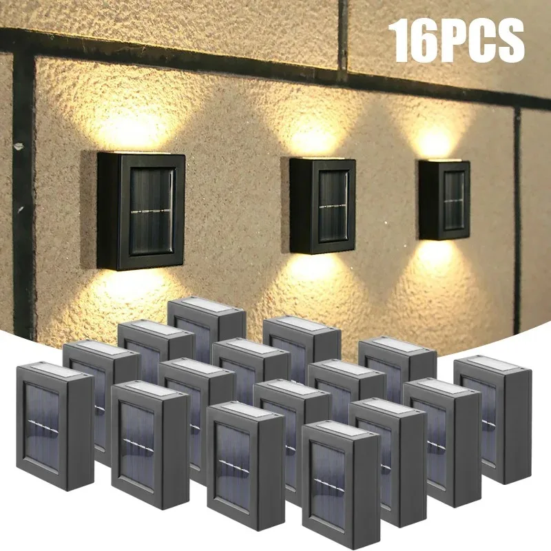 Solar LED Up Down Wall Lights, Black Square Outdoor Lamps with Warm Dual Beams for Garden Yard Balcony Fence Decor Lighting