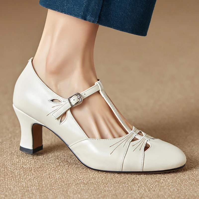 

Women's Heels Gladiator Genuine Leather Elegant Apricot Beige Short Heeled Party Wedding Office Dance Shoes Female Dress Pumps