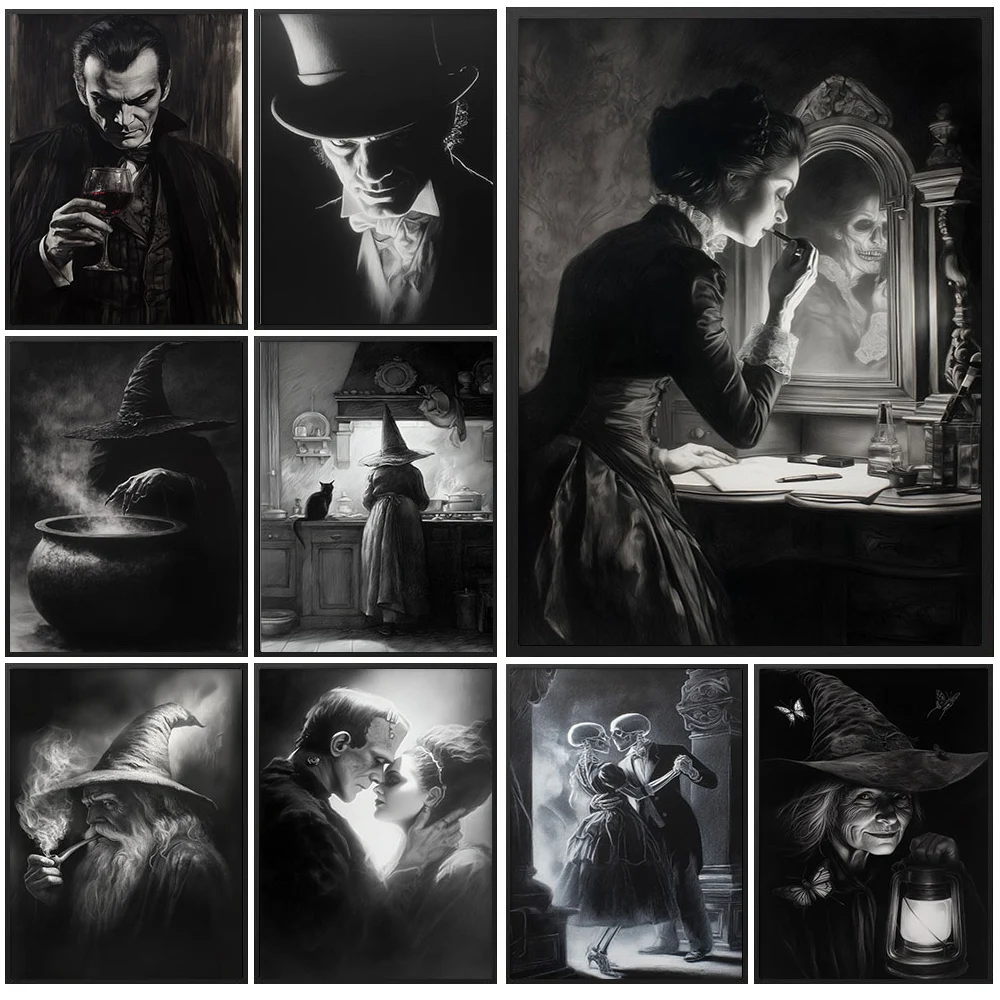 Black White Gothic Vampire Witch Canvas Print Halloween Headless Horseman Full Moon Bat Vintage Dark Horror Mystic Wall Art