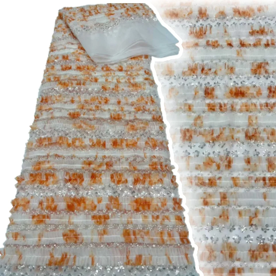 

Оранжево-белая африканская 3D цветочная кружевная ткань с бусинами, французская нигерийская тюлевая ткань с вышивкой для шитья свадебного платья, 5 ярдов SZ1450