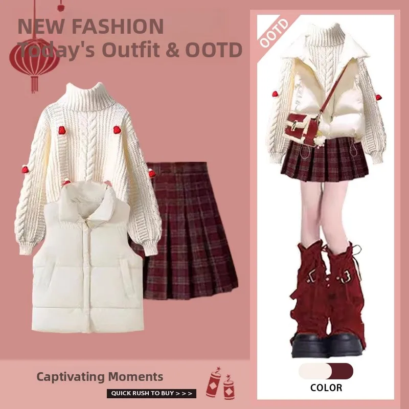 

Осенне-зимний модный комплект: хлопковый жилет с высоким воротником, красная клетчатая юбка, комплект из трех предметов, студенческий/рабочий костюм