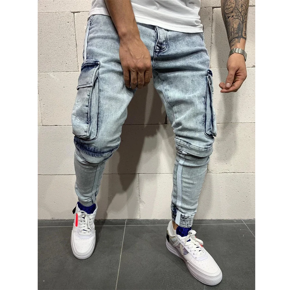 Nowe męskie jeansy streetwearowe z elastanem, casualowe męskie spodnie wysokiej klasy w jednolitym kolorze, dopasowane, obcisłe, modne spodnie sportowe do joggingu, spodnie Harajuku.