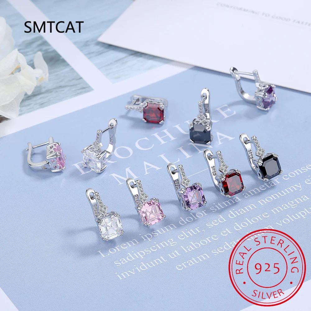 Real 925 Sterling Silver Needle Square Crystal Gemstone Hoop Earrings For Women Trendy Jewelry Girl Gift New FQL22206