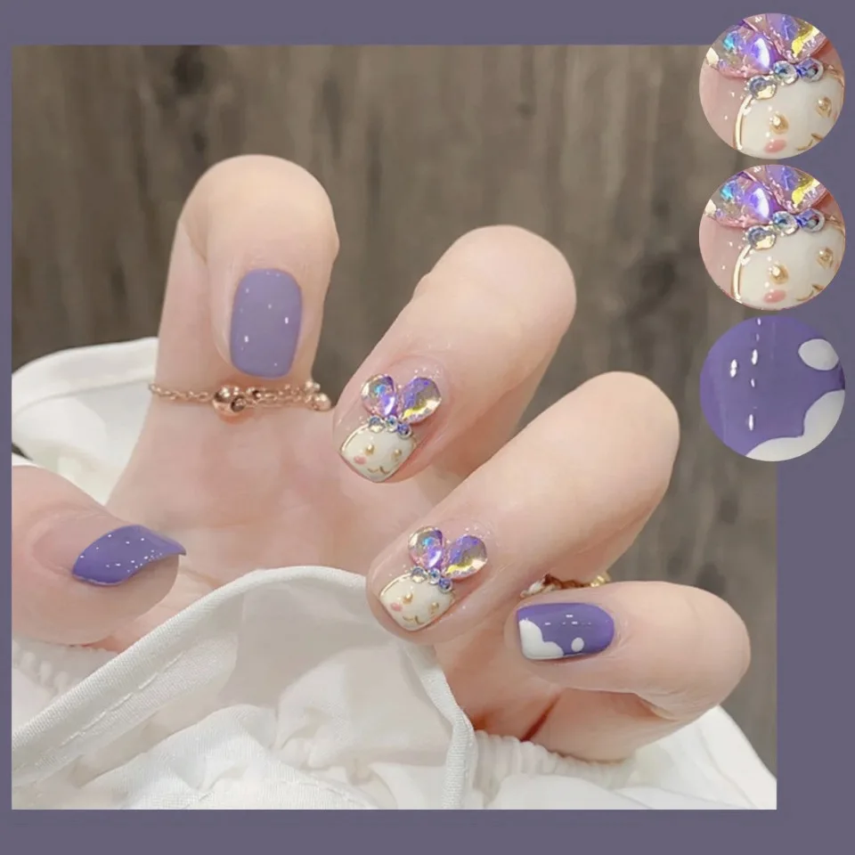 24P Taro Purple Bunny Design Full Coverage Fake Nails Artificial Removable Press on Nail Art Acrylic False Nails Pieces Finished