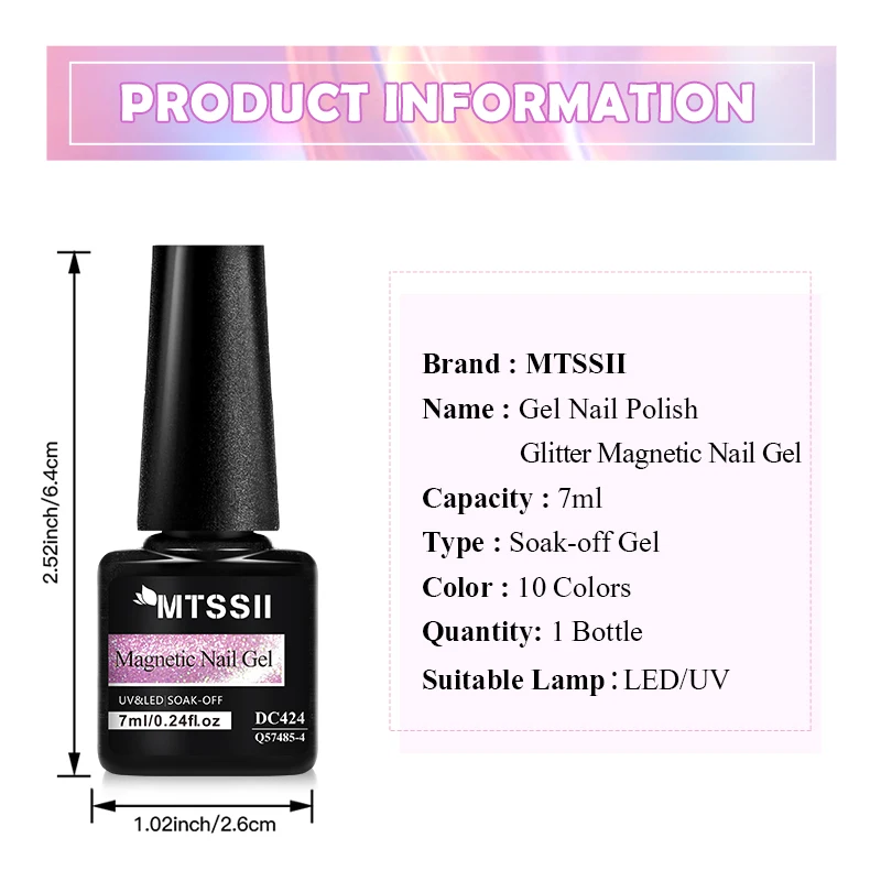 7ml MTSSII Glass Glitter Magnetic Gel Nail Polish Ultra Shine Sparkling Glitter Semi Permanent Soak Off Manicure Glitter Varnish