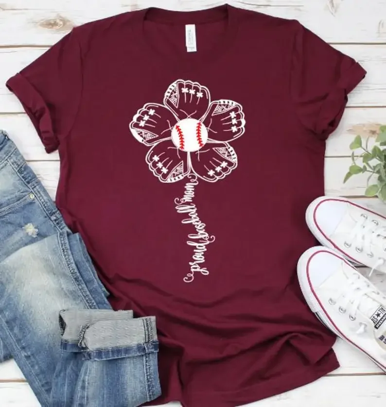 Casual O-Neck Tees for Proud Baseball Moms with Slight Stretch