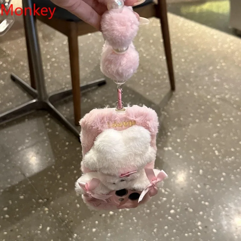 3D Cute Love Puppy Plush Phone Cases For iPhone 17 16 Pro Max Case 15 14 13 12 11 Hairball Bracelet Chain Fluffy Silicone Cover