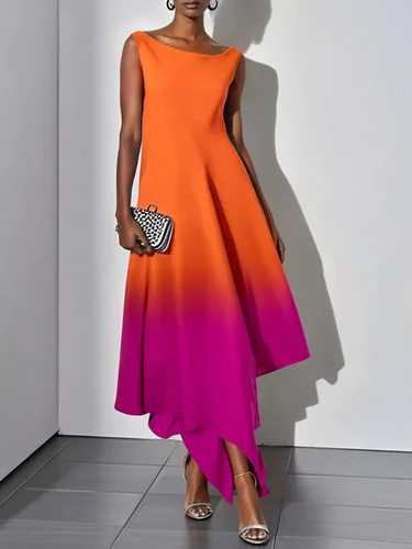 Onecozyday-vestido con articulación dividida, Color degradado, cuello barco, sin mangas, corte en A, plisado, vestidos de fiesta, vestidos de noche elegantes de verano 2025