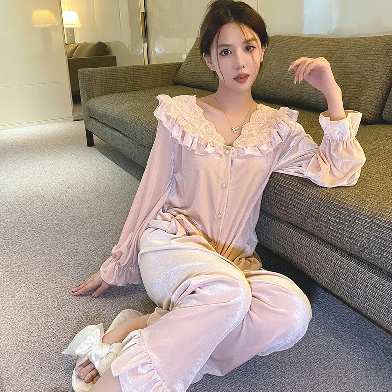 

Милый розовый бархатный женский пижамный комплект из 2 предметов, свободная повседневная домашняя одежда, осенне-зимняя одежда для сна, брючные костюмы с кукольным вырезом и длинными рукавами