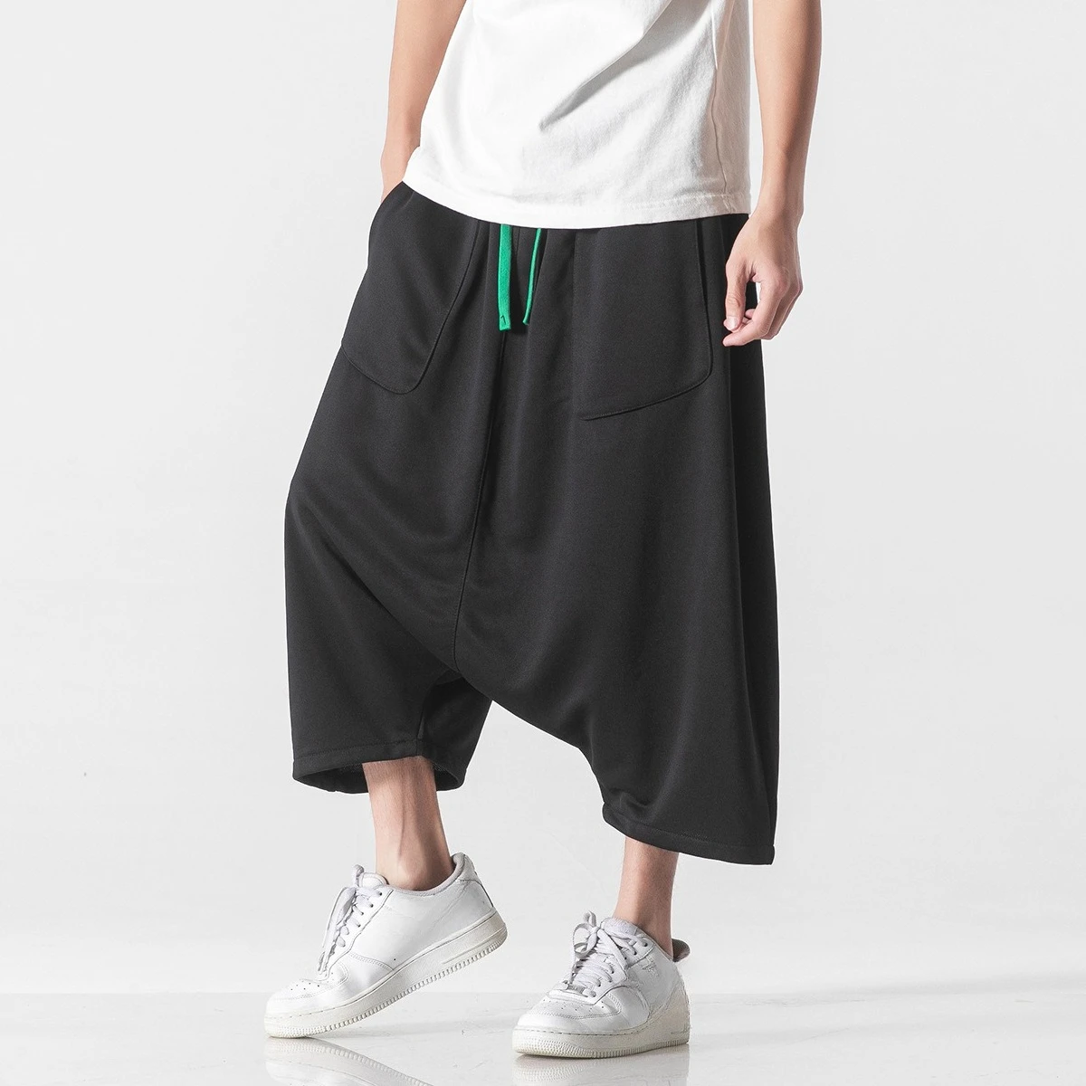 

Summer New Fashion Japanese Men's Loose Plus Size Wide Leg Casual Trendy Drawstring Mid Calf Length Haream Trousers Male Pants
