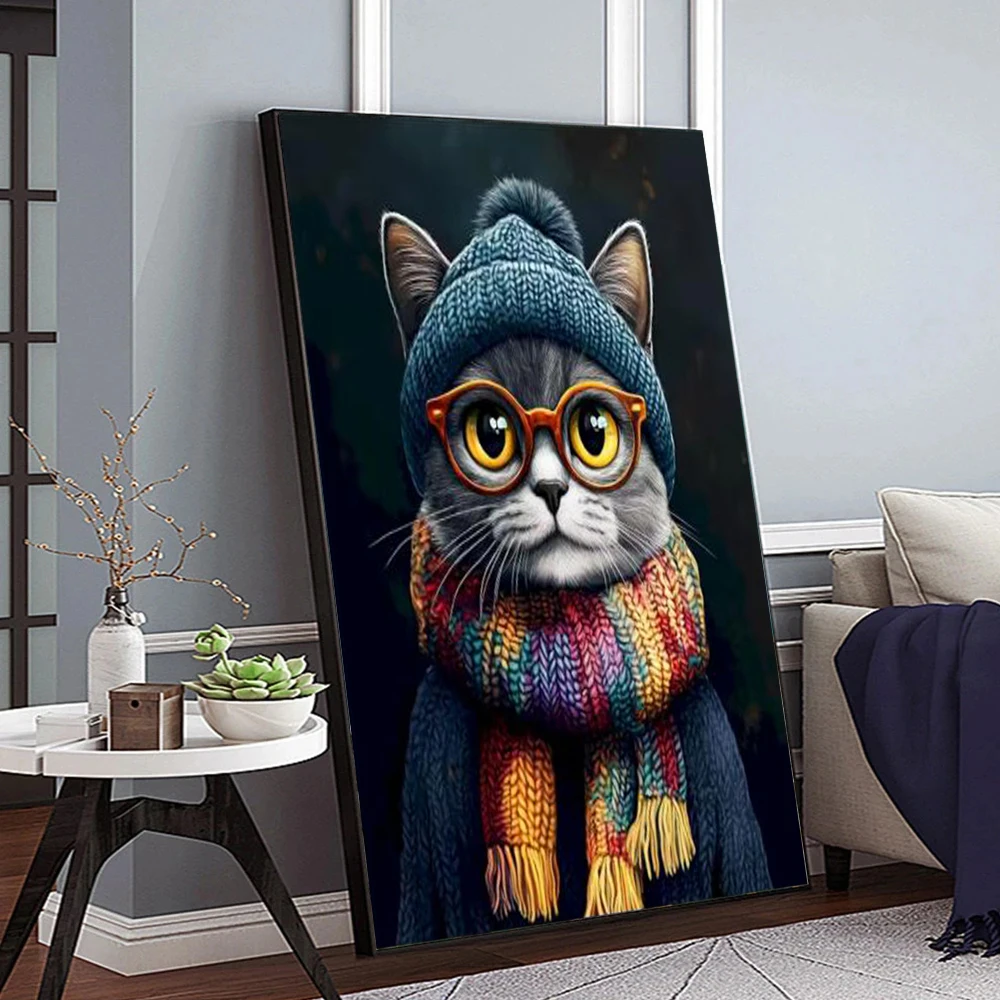 Cat with Glasses Wearing Hat and Scarf Poster Prints Cartoon Animal Canvas Painting Wall Art Picture for Living Room Home Decor view 3
