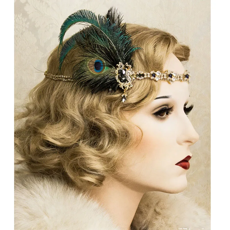 Peacock Feather Flapper Headband - 1920s Great Gatsby Style, Hand-Embellished Art Deco Hairpiece for Women, Wedding Theme Party