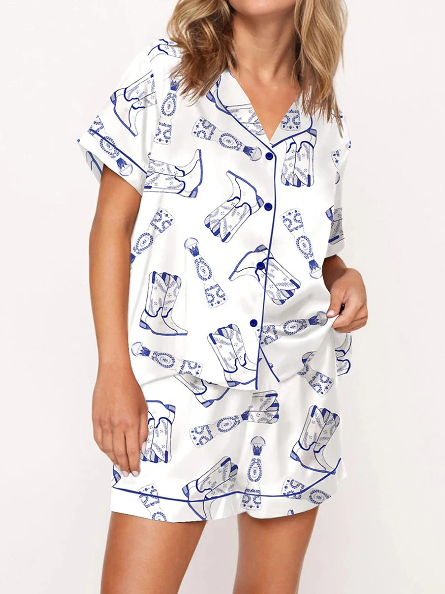 Women Pajama Set Cocktail Boots Print Short Sleeve Button Closure Shirt with Shorts Sleepwear Loungewear