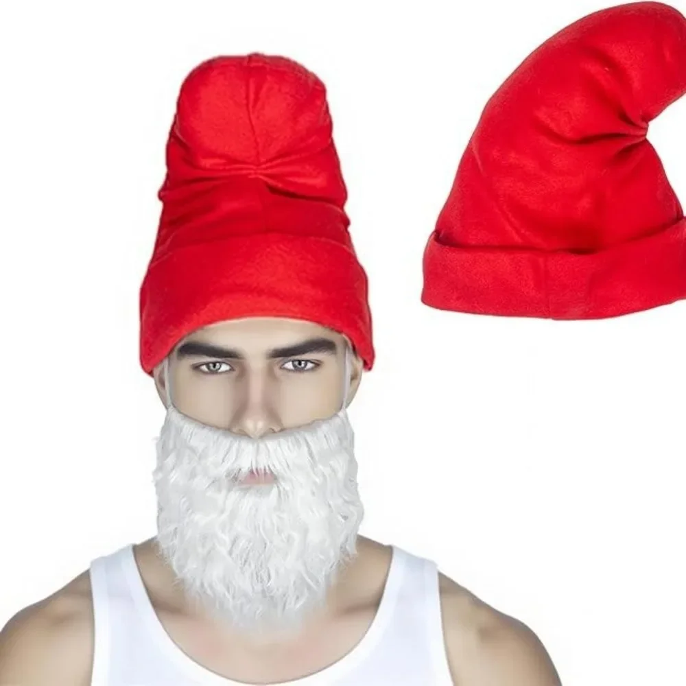 Christmas Red Elf Hat and Beard Costume, Soft Warm Elastic Papa Elf Dwarf Beanie Hat for Halloween Costume Cartoon Cosplay