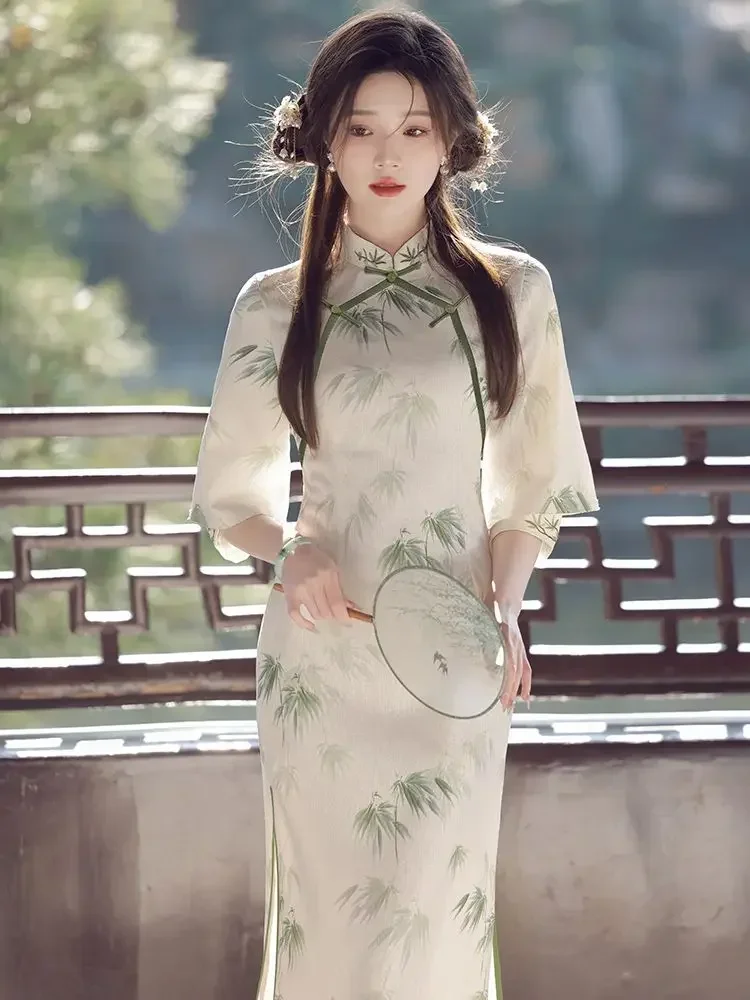 Summer Long Cheongsam Light Green Mid Sleeve Dress Traditional Vintage Costumes Elegant Qipao Champagne S To XXL