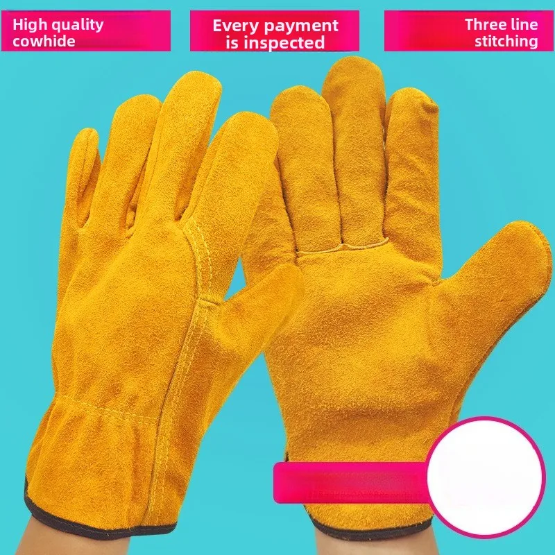 

Кожаные двухслойные короткие перчатки для сварщиков из воловьей кожи, износостойкие и нескользящие, золотистые перчатки для водителей, с теплоизоляцией