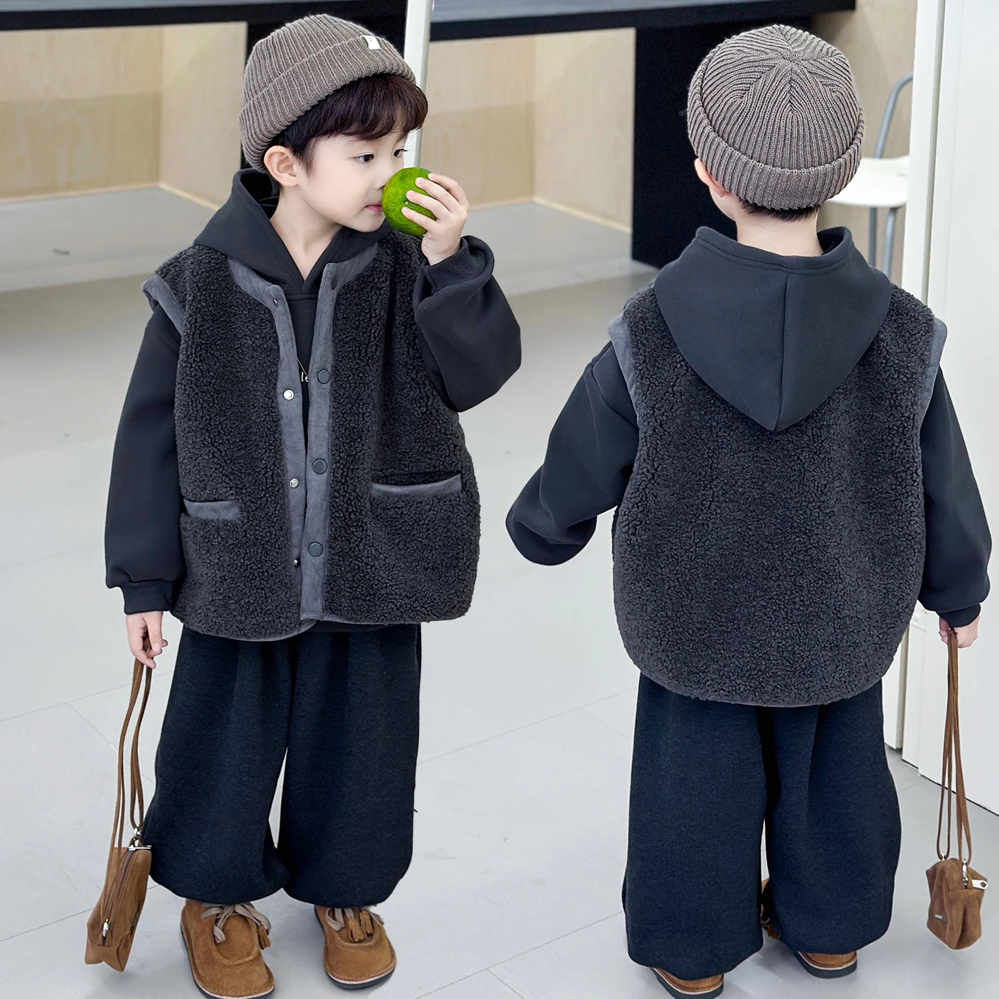 

25 AW Boys Clothes Sets Children Fleece Vest+Hoodie+Pants Kids 2-11Y Waistcoats Vests Boy Sleeveless Coat Thicken Warm Outerwear
