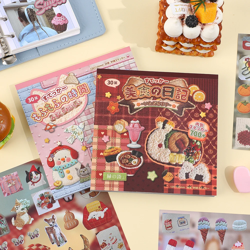 

Книга из 30 листов наклеек в стиле вышивки с тисненым дизайном в виде милых еды и животных для скрапбукинга, ведения дневников и поделок своими руками