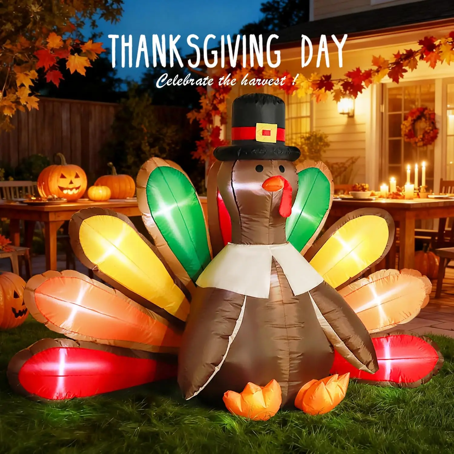5ft Height Thanksgiving Inflatable LED Lighted Turkey with Colorful Tail Blow up Outdoor Lawn Yard Decoration