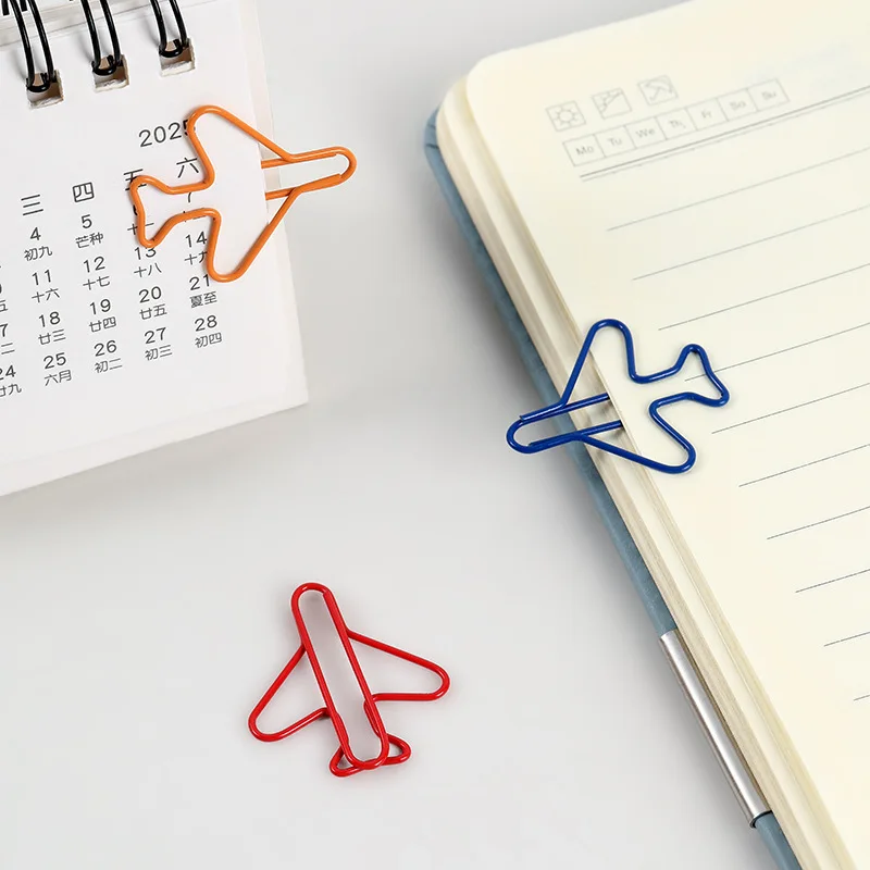 6pcs Creative Colored Paper Clip Cute Airplane Shaped Clips Metal Colored Paperclips School Binding Supplies